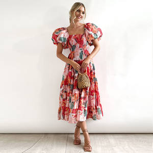 Elegante Vestido Largo Estampado Floral para Mujer, Cuello Cuadrado, Manga Corta, Vestidos Ajustados para Verano, Venta al por Mayor - Product Image 2