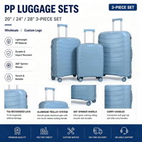 Ensemble de bagages en PP 3 pièces, 20, 24 et 28 pouces, valise rigide à roulettes, matériau PP durable, roues silencieuses, bagages de voyage