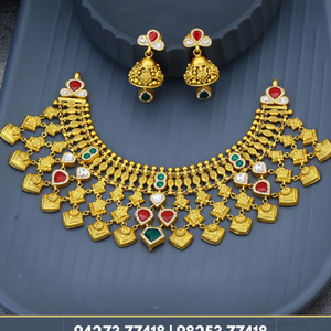 Women's 22k Gold <b>Statement</b> <b>Necklace</b> Set With Red Green Enamel Heart Beads Ethnic Wedding Jewelry - Product Image 3
