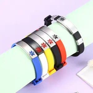 Aço Inoxidável Banda De Pulso De Borracha MECYLIFE Bent Bar Símbolo Da Cruz ID Bracelete de Alerta Médico