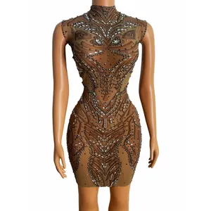 Luxury Stretch See Through Crystal Club Party Mini Dress Women Sexy Performance Wear Rhinestone Evening Gown Prom Dress Big Size