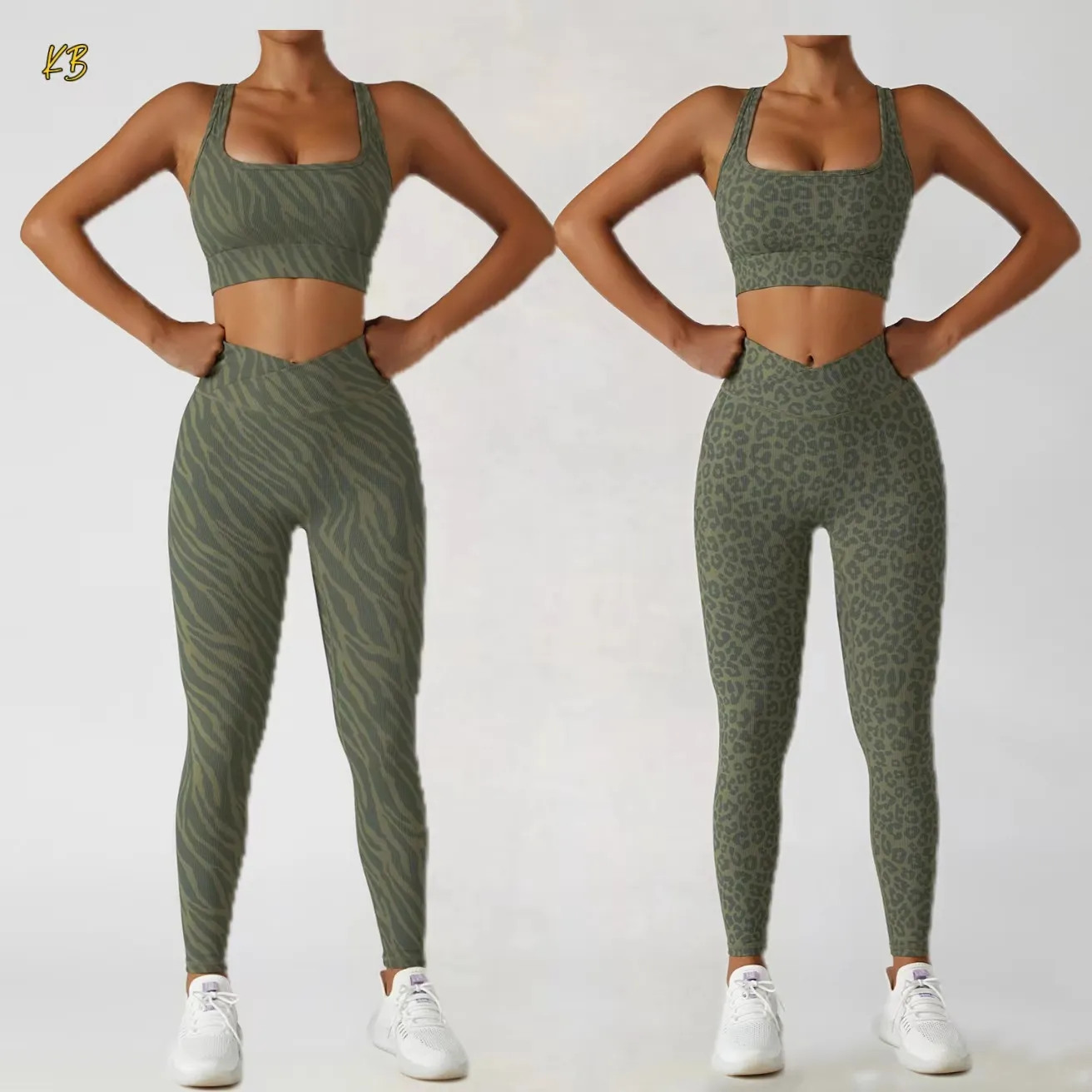 Summer Fashion Yoga 2PCS Gym Wear V Shape Waist Leggings Bra Set Animal Print Woman Clothing