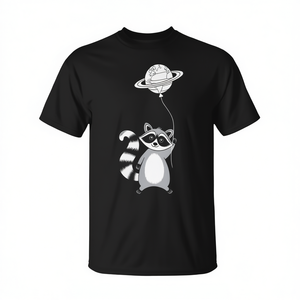 Camiseta con diseño de mapache sosteniendo un globo, negra, unisex, para adultos, cuello redondo, manga corta, impresión digital, promocional - Product Image 3