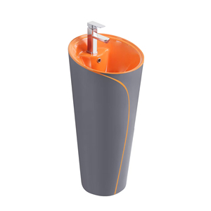 Lavabo moderne autoportant monobloc rond en céramique sur pied pour lavage des mains pour hôtel - Product Image 6