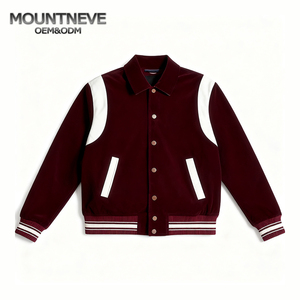 Jaket Varsity beludru Burgundy pria, jaket garmen tahan angin ramah lingkungan, penutup kancing V-Neck berpita musim gugur nyaman - Product Image 1