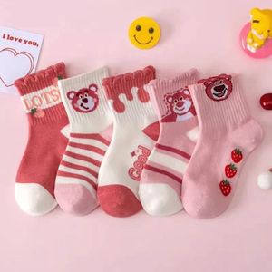 Girls Socks Pink Strawberry Bear Mid Calf Breathable Spring Autumn Baby Princess Socks - Product Image 1