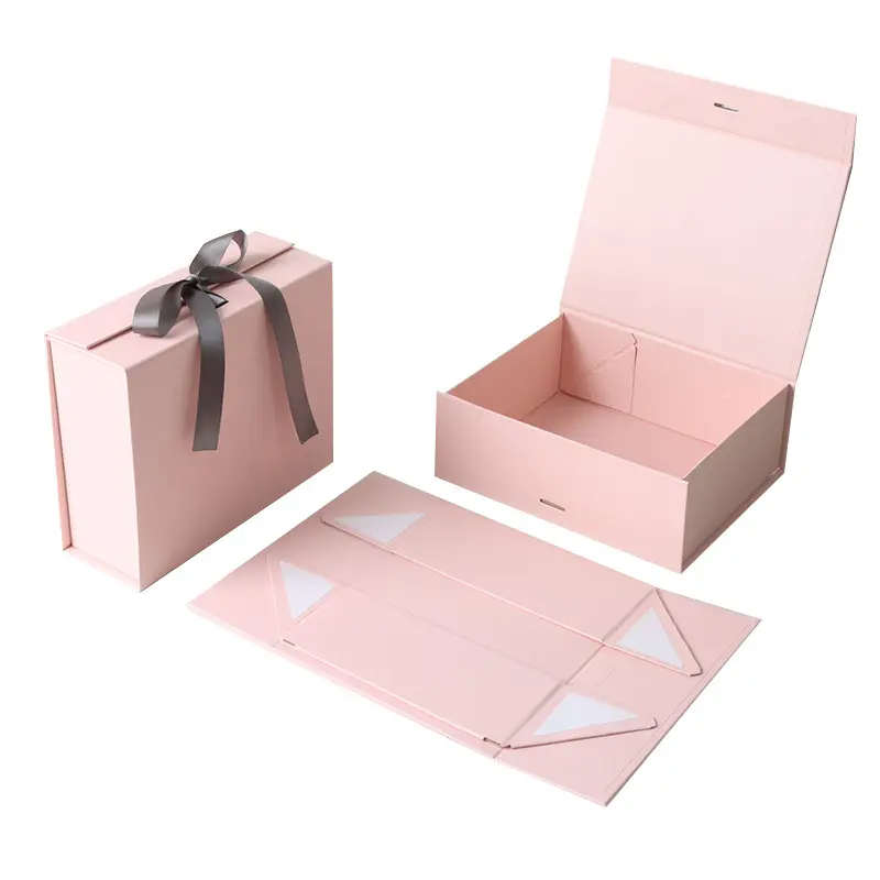 folded customized luxury blank cardboard cosmetic packing gift box with ribbon closure