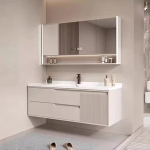 Meuble de salle de bain en bois massif style crème avec lavabo intégré en céramique - Product Image 2