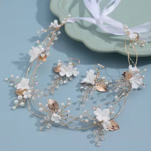 Ceramic Flower Headpiece Earrings Wedding Jewelry Sets Handmade KC Gold Pearl Decoration Jewelry Sets