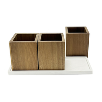 Porte-ustensiles de cuisine en bois d'acacia Natural House, ensemble de 3 supports à couverts avec plateau en marbre