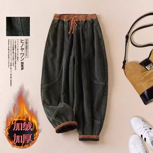 Corduroy Fleece <b>Lined</b> Thickened Harem <b>Pants</b> Women Autumn Winter Casual Loose Fit Tie Waist Micro Elasticity <b>Pants</b> - Product Image 3
