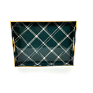 Plateau de rangement décoratif rectangulaire, plateau de service polyvalent à motif écossais vintage avec bordure dorée et poignées découpées - Product Image 5