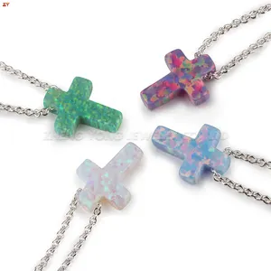 2024 Popular cross necklace 925 silver unisex chain plated gold synthetic opal jewelry cross blue white charms