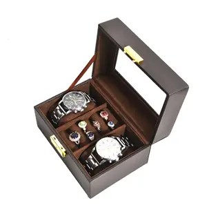 Capa de madeira de alta qualidade em couro PU preto com dois espaços para relógio, caixa de presente para joias, interior de veludo macio com janelas de vidro