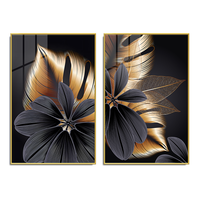 Art mural abstrait moderne nordique, peinture de décoration de salon, peinture en porcelaine de cristal de feuille de plante d'or noir