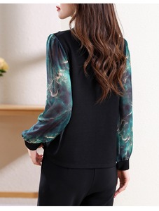 1778 # Retro Cổ Điển Hoa In Bow Tie Tops 2025 Mùa Thu Mới Thiết Kế Phụ Nữ Dài Tay Áo Màu Xanh Lá Cây Cơ Bản Áo Sơ Mi Áo Cánh - Product Image 4