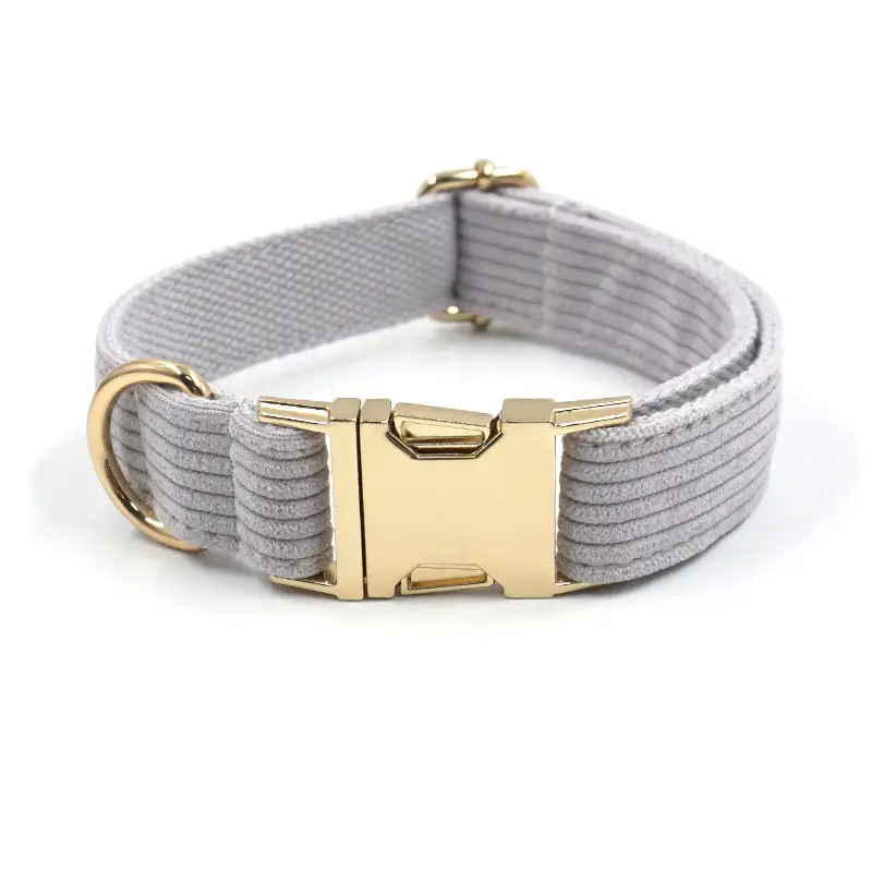 Custom Logo Printed Eco Friendly Pet Collar Dog Leads Gray Soft Velvet Dog Collar With Gold Hardware Buckle