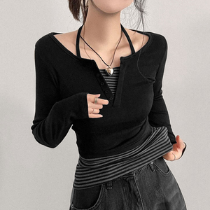 Camiseta de manga larga con cuello halter y botones para mujer, con estampado de rayas vintage y efecto de dos piezas - Product Image 5