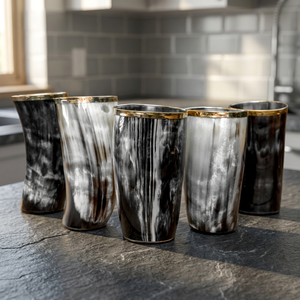 Verre à shot authentique de style Viking médiéval, gobelet unique en corne de buffle polie avec base en bois, ensemble de tasses à boire de style animal, tasse à bière - Product Image 1