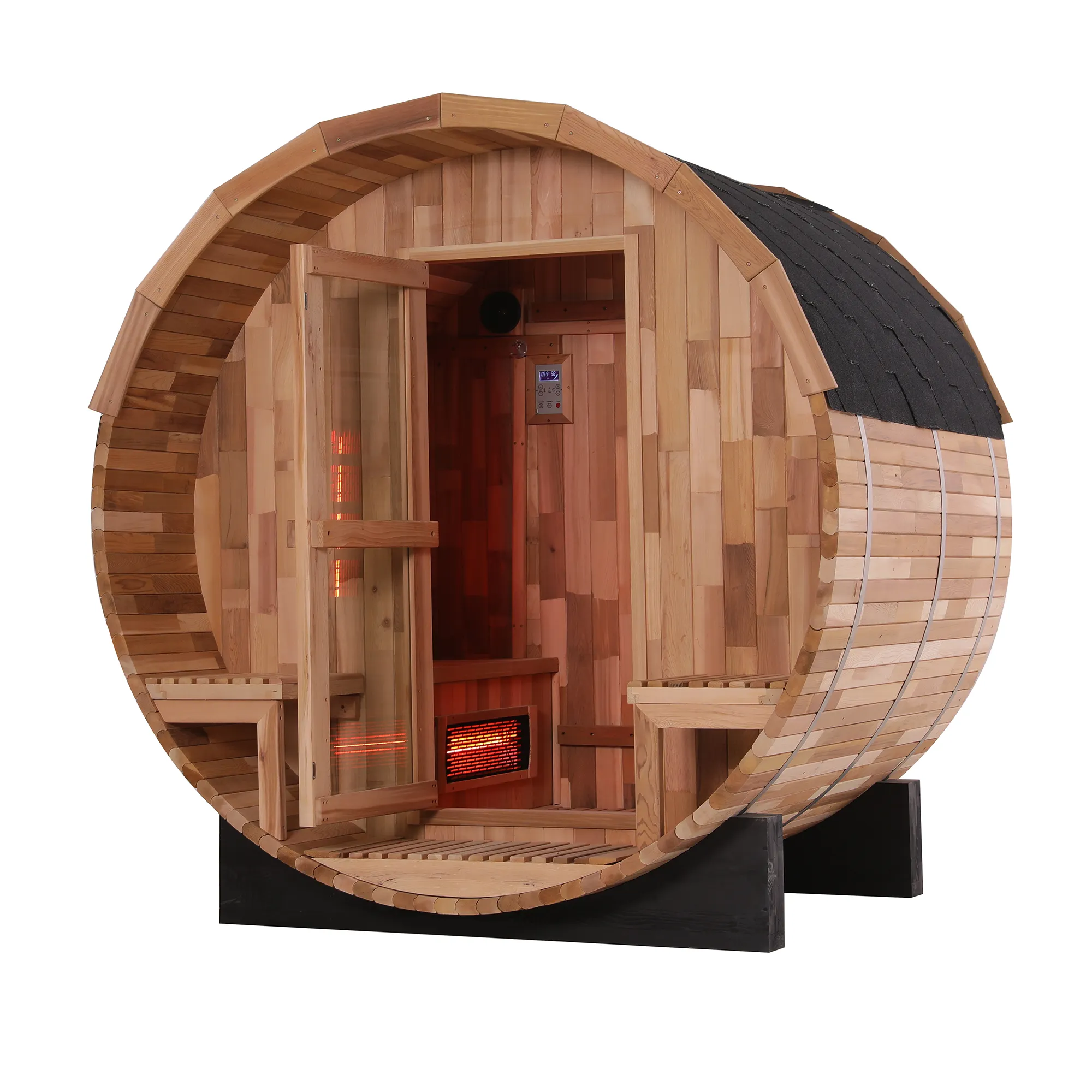 Modern popular 6 person large far full spectrum infrared red light barrel sauna room with red light therapy