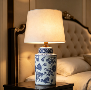 Lampada da Tavolo in Ceramica Stile Orientale con Motivo Floreale Blu, Corpo in Ceramica e <span class=keywords><strong>Paralume</strong></span> <span class=keywords><strong>Beige</strong></span>, E27, Lampada d'Ambiente per Interni e Comodino - Product Image 5