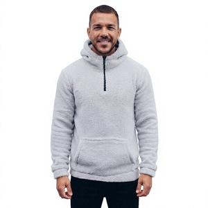 <b>Men's</b> Light Gray Solid Knitted <b>Sherpa</b> Fleece Quarter Zip Pullover <b>Hoodie</b> with Kangaroo Pocket Autumn - Product Image 1