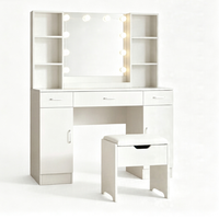 Ensemble de coiffeuse moderne blanche avec miroir lumineux, étagères de rangement ouvertes et tiroir, pour chambre à coucher