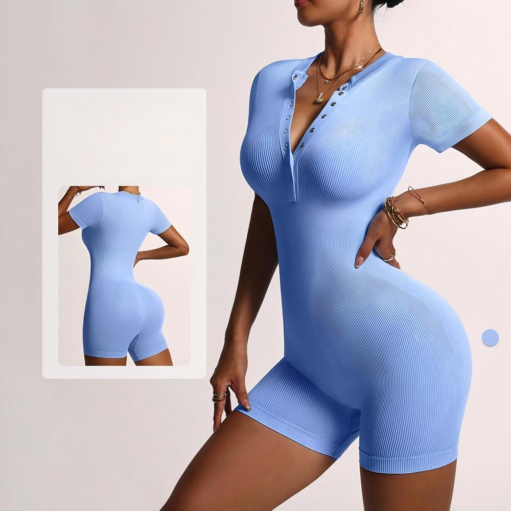 Summer Women's Solid Color High Elastic Short Sleeve Quick Dry Breathable Yoga Bodysuit Butt Lift Training Gym Sports Slimming