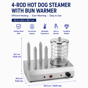 Calentador de Panecillos para Hot Dogs de Grado Alimenticio con 4 Varillas y Jaula Vaporera, Calentador de Salchichas de Acero Inoxidable para Mostrador, para Servicios de Alimentación - Product Image 1