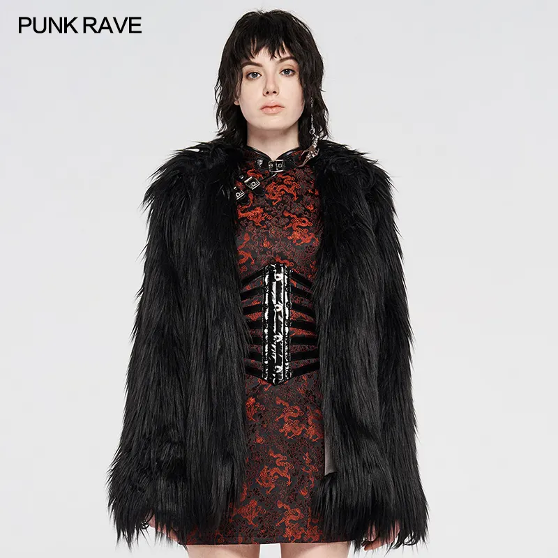 PUNK RAVE Original Brand Wholesale Punk Grenn And Black Coat Streetwear Steampunk Cosplay Imitation Women Fur Coat