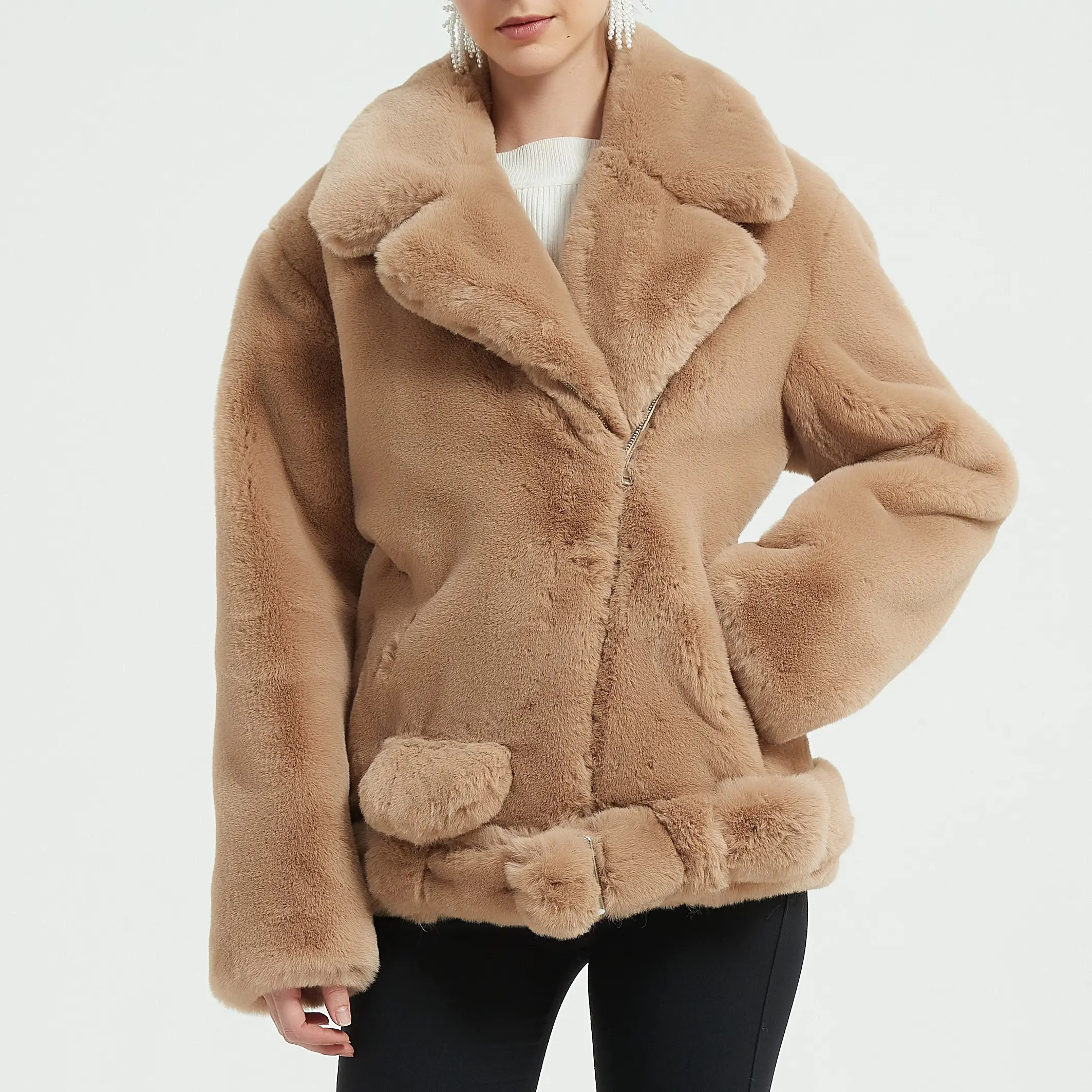가을 겨울 착용 지퍼 겨울 따뜻한 가짜 모피 양모 코트 특대 테디 벨벳 벨트 여성 자켓 겨울