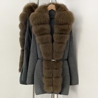 OFTBUY Nouveau manteau en tricot pour femme avec ceinture en métal à l'avant en véritable fourrure de renard, tricot chaud d'hiver, vêtements d'extérieur de luxe, pull cardigan