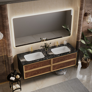 Meuble-lavabo double vasque flottant sur mesure <span class=keywords><strong>en</strong></span> bois <span class=keywords><strong>de</strong></span> palissandre doré <span class=keywords><strong>de</strong></span> luxe français avec dessus <span class=keywords><strong>en</strong></span> marbre noir et armoire miroir LED intelligente - Product Image 3