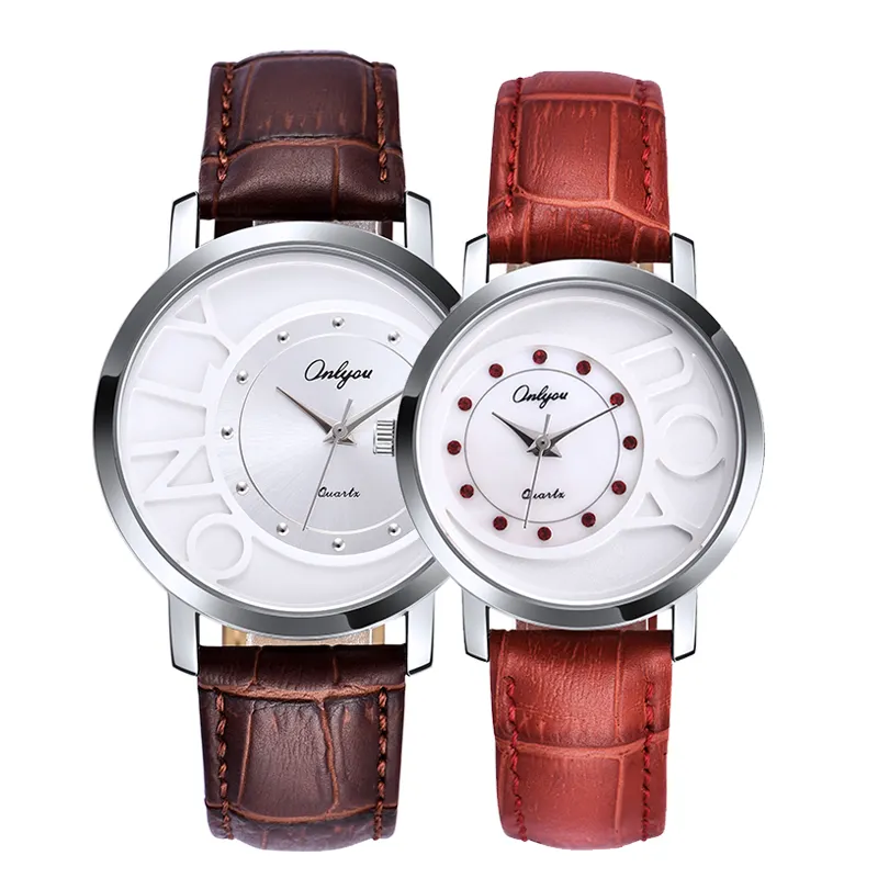 Onlyou High Quality Automatic couple watch Factory Direct Sales Quartz 3Bar Waterproof leather strap Watch 81013
