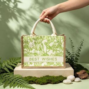 Bolsa de Regalo de Yute con Estampado de Plantas Ecológica, Bolsa Reutilizable con Diseño de Buenos Deseos para Bodas, Fiestas y Empaque de Regalos - Product Image 1