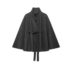 Manteau Cape Ceinturé Uni pour <span class=keywords><strong>Femme</strong></span> 2026, Veste Enveloppante en Mélange de Laine à Col Montant avec Taille Ajustable, OEM/ODM Vintage Décontracté - Product Image 1