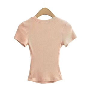 Camiseta Corta para Mujer, Cuello Redondo, Color Sólido, Casual, Manga Corta, Tejido Ecológico, Alta Calidad, Venta al Por Mayor - Product Image 3