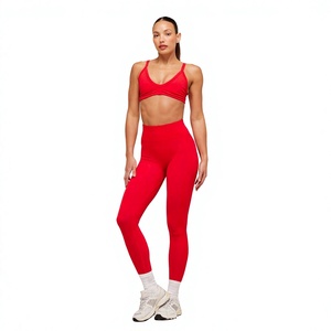 Women Red V-Neck Spaghetti Strap Sports Bra Seamless Medium Support Yoga Fitness Workout Breathable Stretch Activewear - Product Image 4