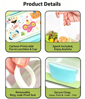 Boîte à lunch rectangulaire à double étage en plastique pour enfants, avec motif de dessin animé, ensemble bouteille d'eau et cuillère, portable, compatible micro-ondes
