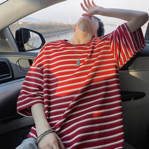 T-shirt court rayé de style américain pour hommes, perlé, écologique, été, nouveau, tendance, marque rétro, col ample, sans manches, pour jeunes - Product Image 2