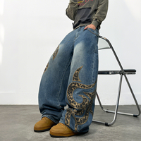Jean Bootcut Homme Ample Délavé Coupe Large Brodé Vintage Baggy Denim Streetwear Imprimé Motif