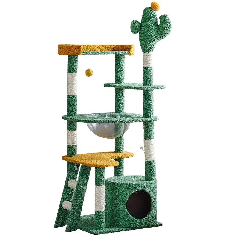 Luxury Multi-Storey Colorful Cat Climbing Scratching Tree Tower with Space Capsule and Hanging Cat Teaser Ball