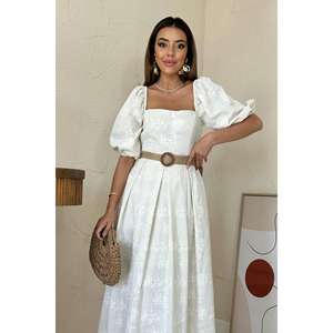 Elegante Vestido Bordado con Corte en A, Escote Cuadrado y Mangas Abullonadas, Cintura Natural, Tejido Transpirable para Uso Diario - Product Image 3