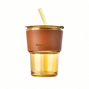 Verres à boire personnalisés avec logo, style bambou, tasse à jus, couvercle en cuir, 400 ml, canette colorée, paille en verre - Product Image 2