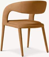 Chaise de salle à manger en cuir marron caramel, forme de cuve, dossier incurvé, accoudoirs tombants, siège rembourré confortable, quatre pieds coniques robustes