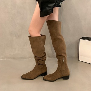 New Style Chunky Block Heel <strong>Boots</strong> <strong>Slouch</strong> Stacked Vintage Leather for Women - Product Image 5
