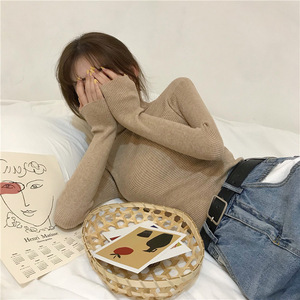 High Neck Knit <b>Top</b> Women Slim Fit Long Sleeve Solid Color Sweater One Size Autumn Winter Base <b>Layer</b> - Product Image 2