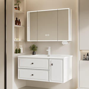 Meuble de salle de bain moderne en bois massif de style crème français avec double tiroir et vasque intégrée en céramique - Product Image 1