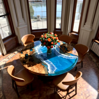 Table à manger en résine époxy artisanale sur mesure, bord naturel, motif vague océanique, pour bar à domicile, villa, maison de bord de mer, hôtel