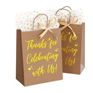 New Eco Party Festival Hotel Recyclable Golden Thank You Print Tote Brown Paper Bag For Wedding Gift